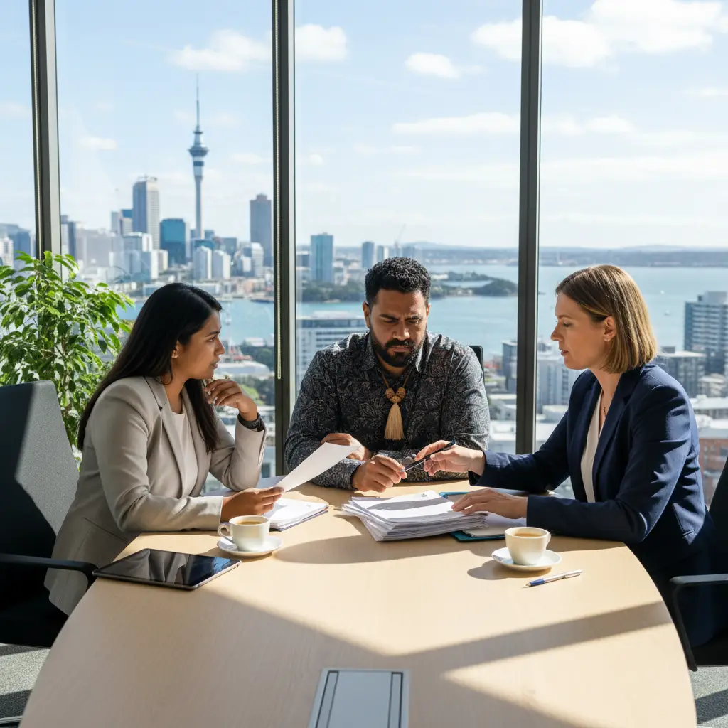 Couple discussing a pre-nuptial agreement with a New Zealand lawyer