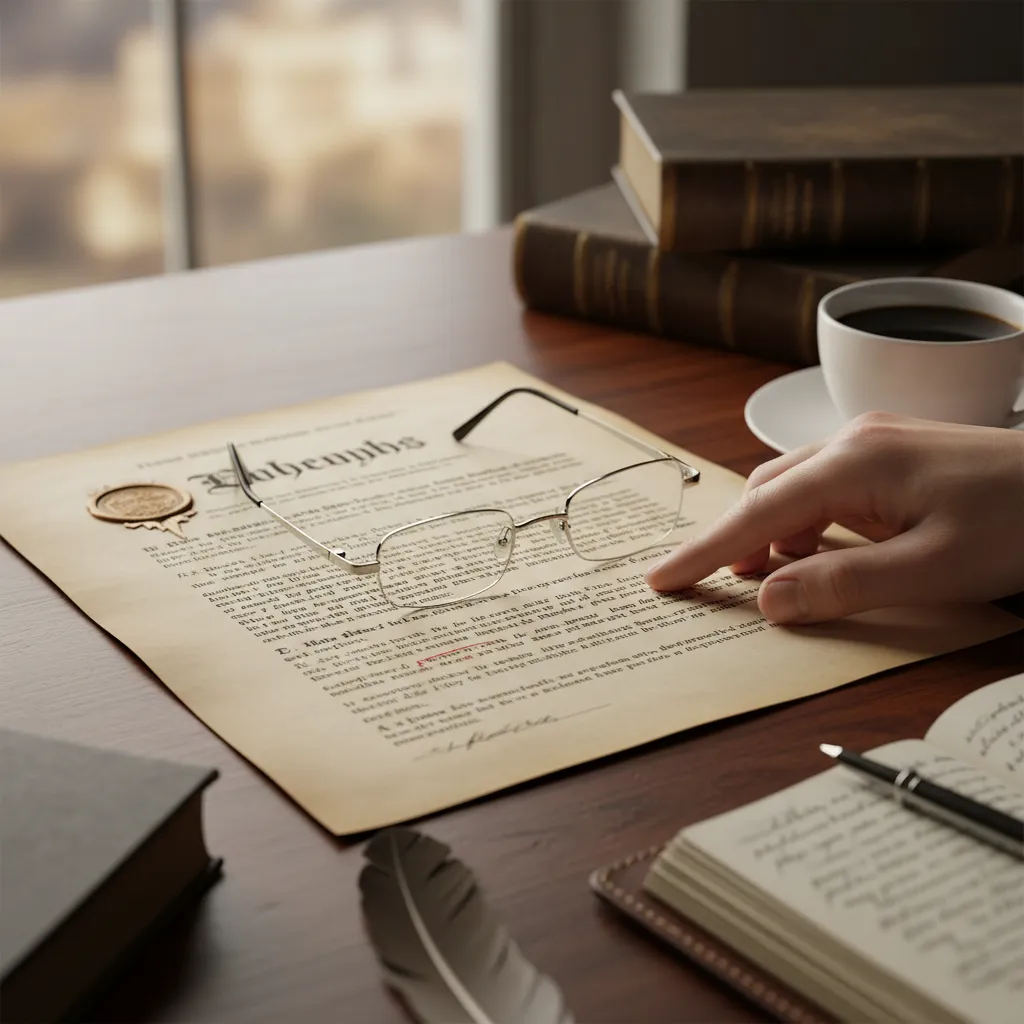 Legal document being reviewed with a pen and glasses