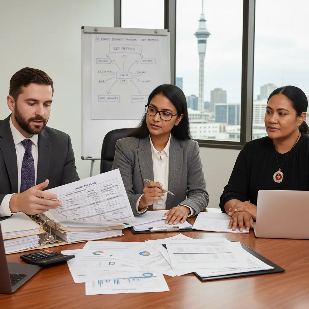 Professionals reviewing financial documents for business valuation in NZ divorce