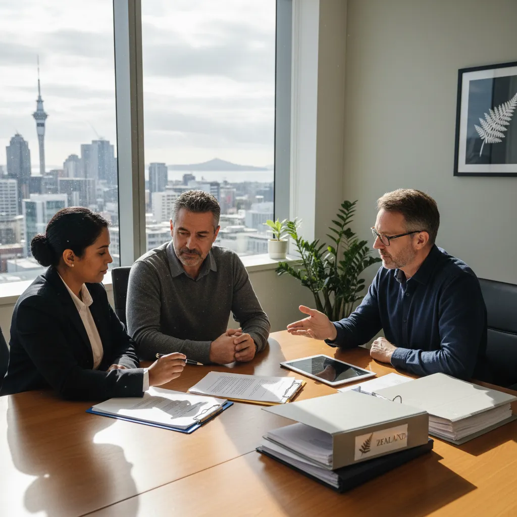 Couple reviewing asset division documents with legal and tax professionals in New Zealand