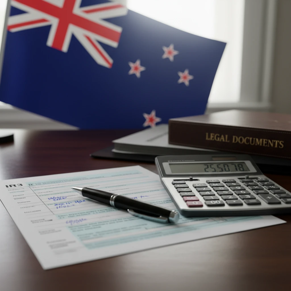 New Zealand tax form with calculator and pen