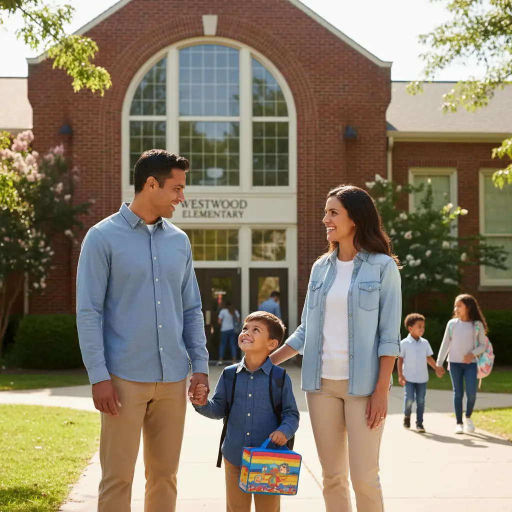 Parents co-parenting positively during a school drop-off.