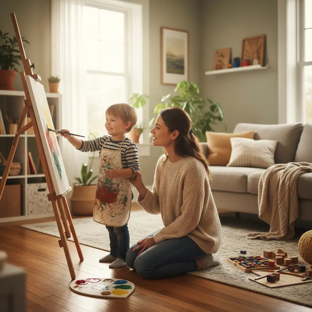 Child engaged in creative play in a stable home environment.