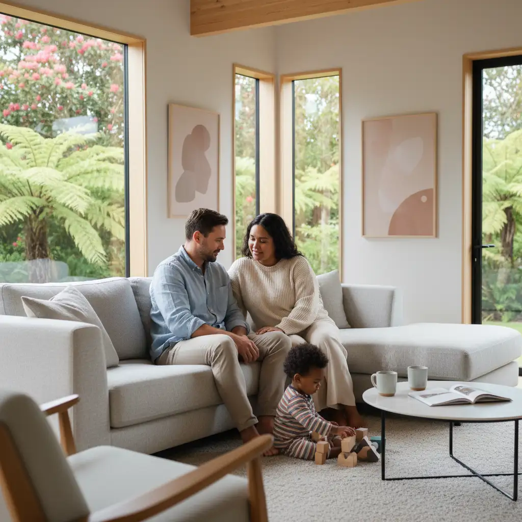 Parents calmly discussing co-parenting while a toddler plays nearby