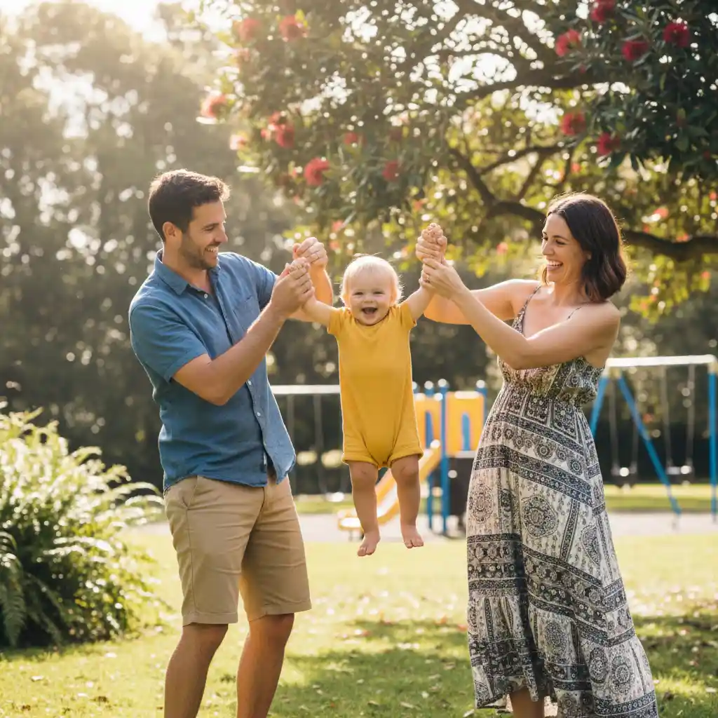 Co-parents conducting a positive child handover in a park