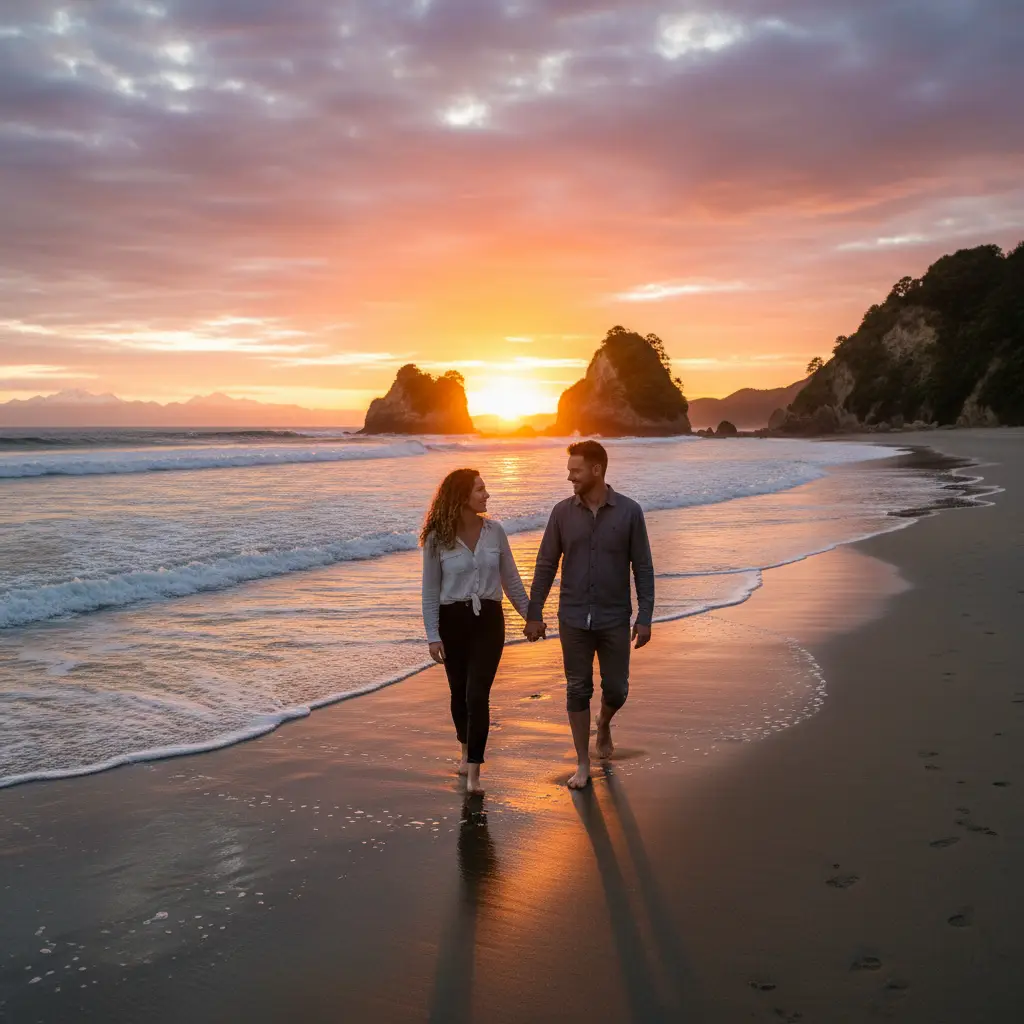 Couple enjoying a walk on a New Zealand beach
