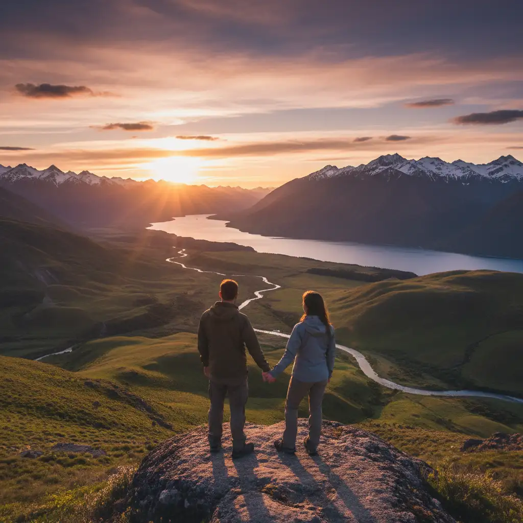 Couple holding hands in New Zealand landscape