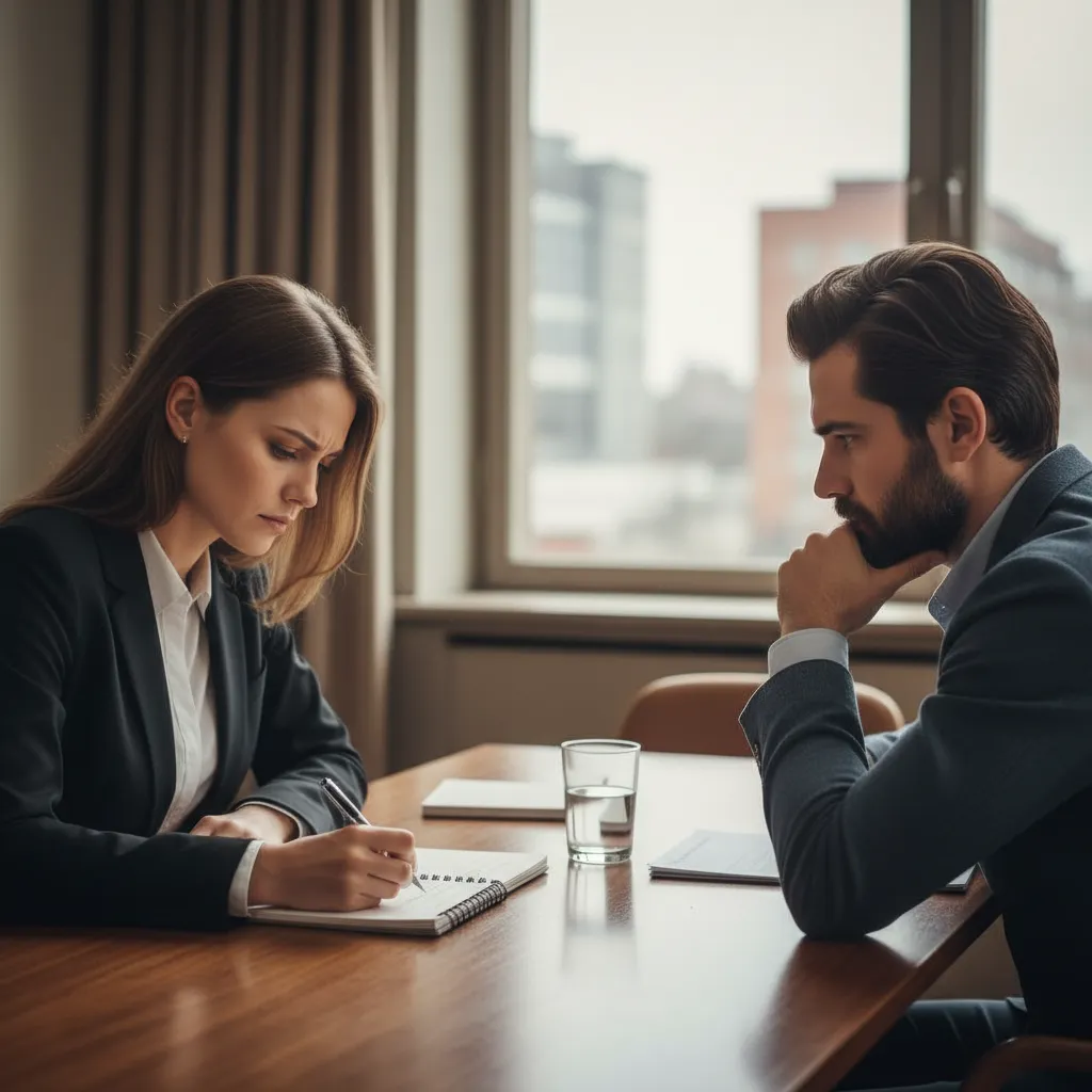 Two individuals engaging in active listening and thoughtful discussion during a conflict resolution meeting.