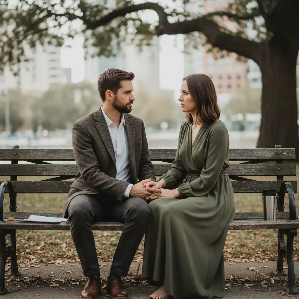 A couple calmly discussing a serious topic, showcasing respectful communication despite potential disagreement.