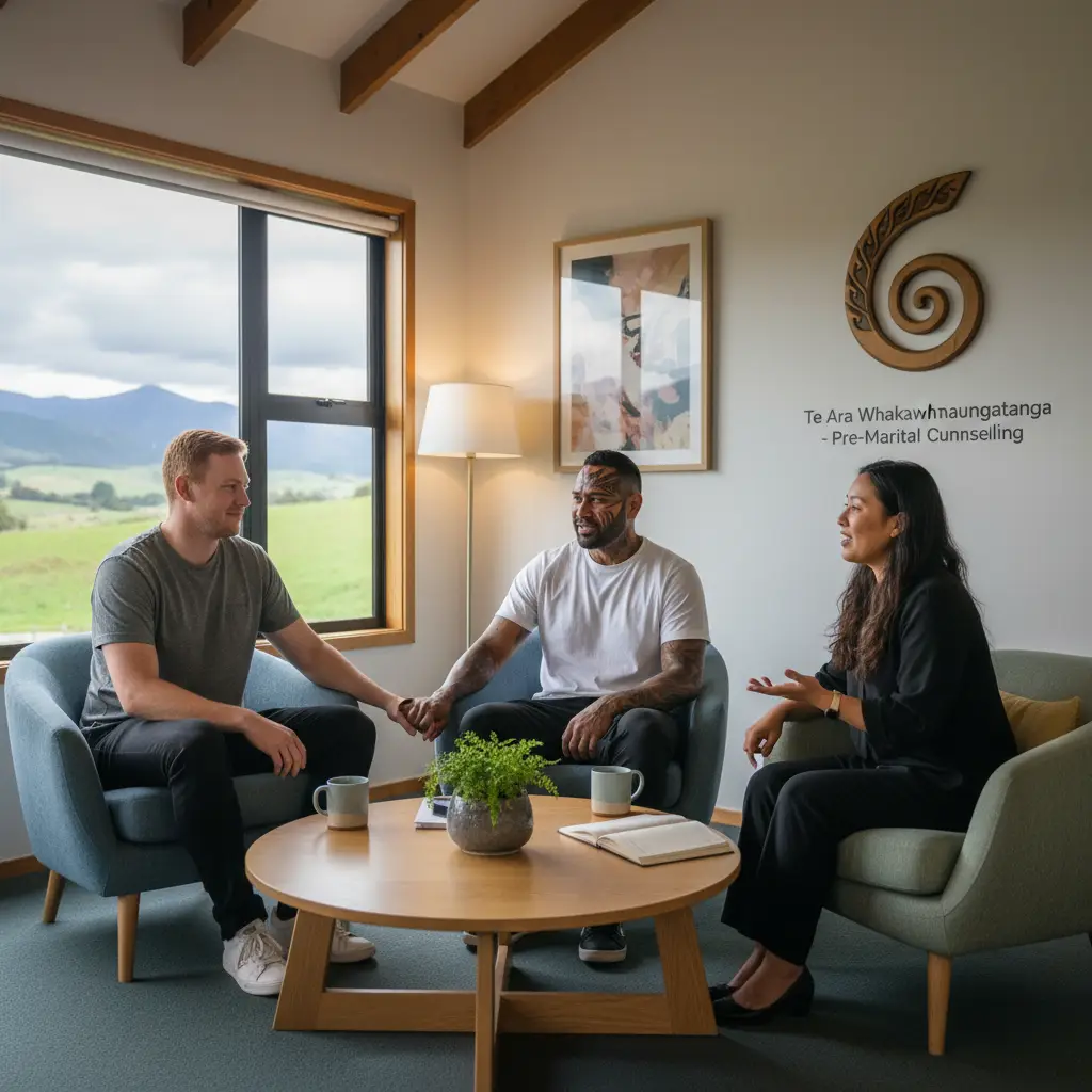 Couple engaged in pre-marital counselling session with a therapist