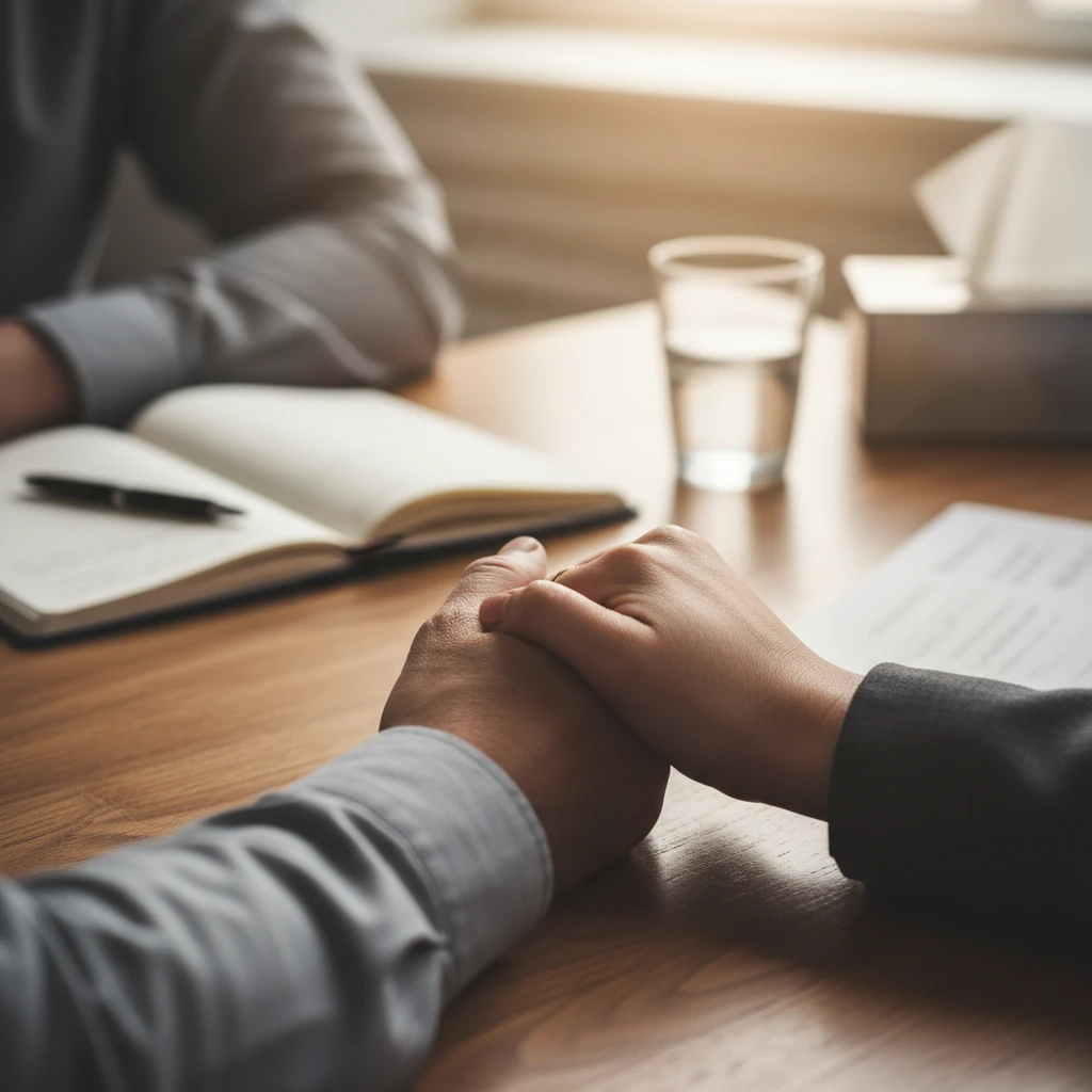 Couple holding hands during a relationship discussion
