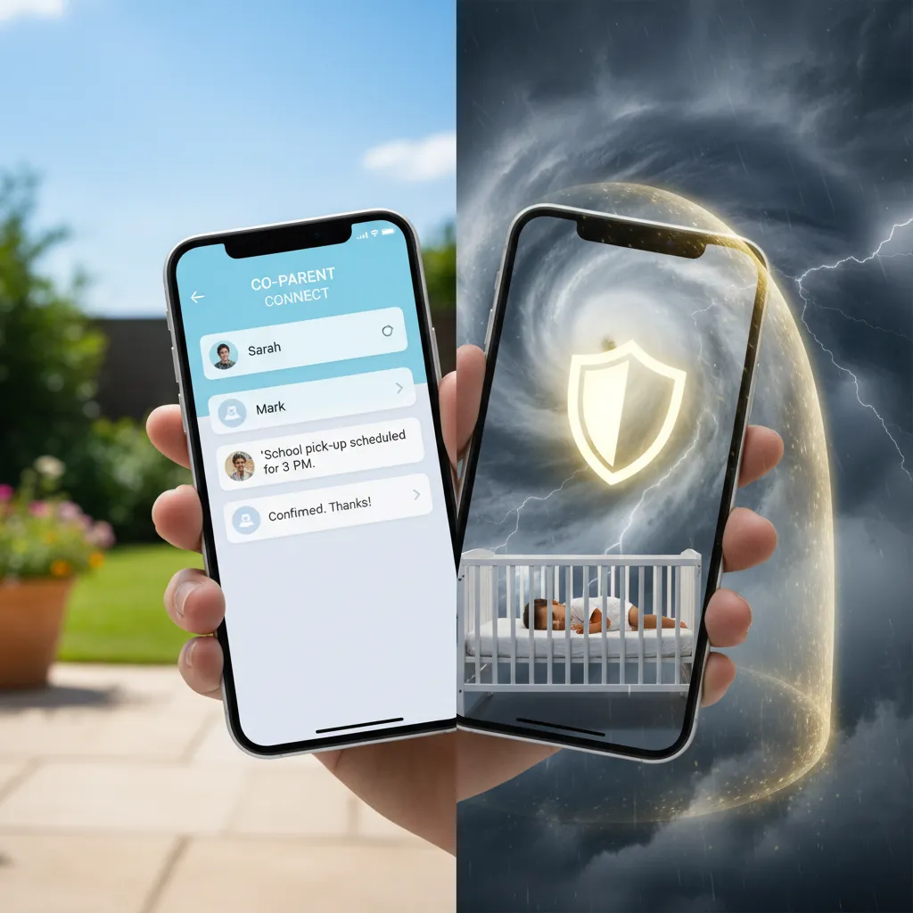 Conceptual image of high conflict co-parent communication using technology as a shield