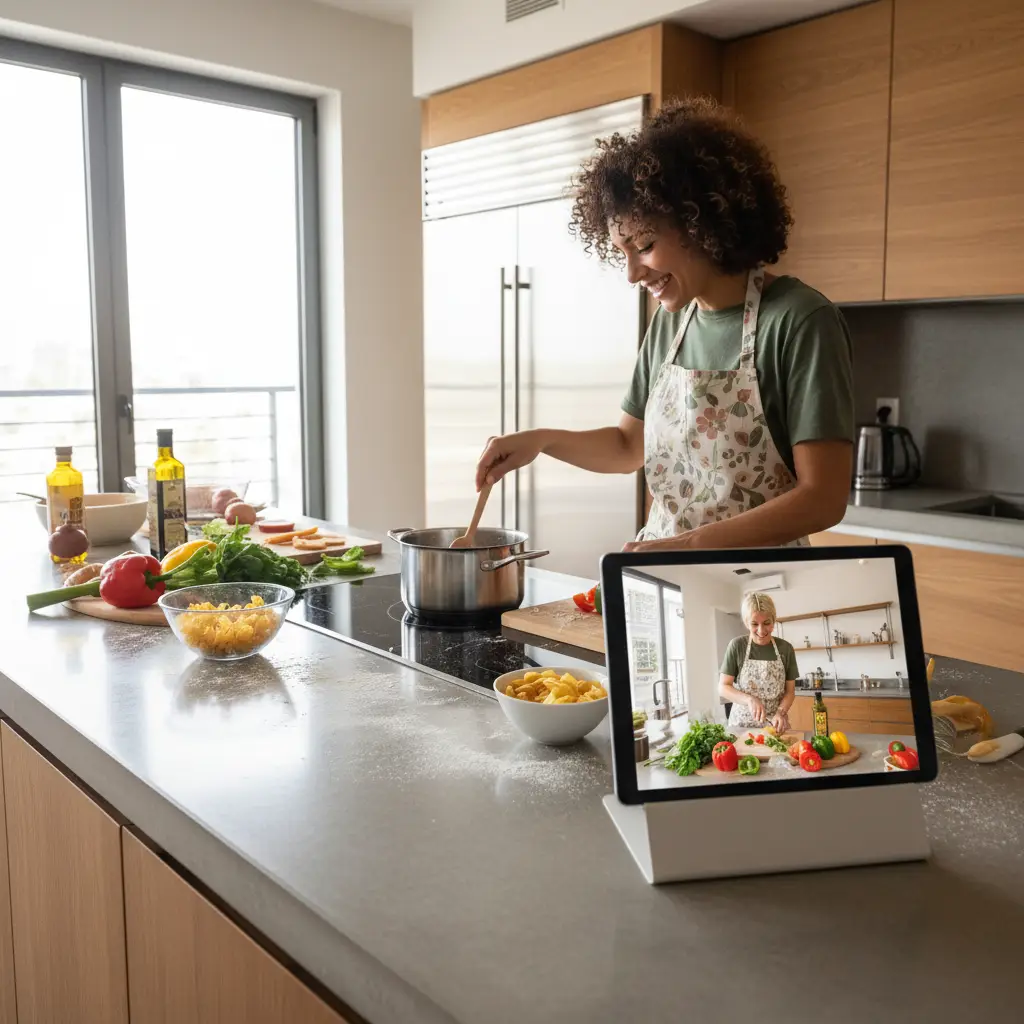 Couple cooking together via video call
