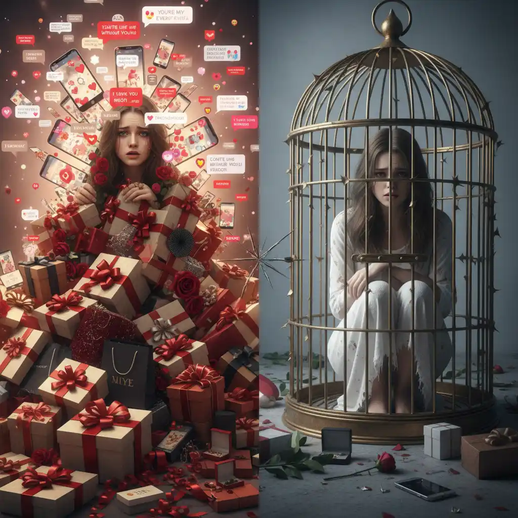 Illustration of love bombing shifting from affection to entrapment