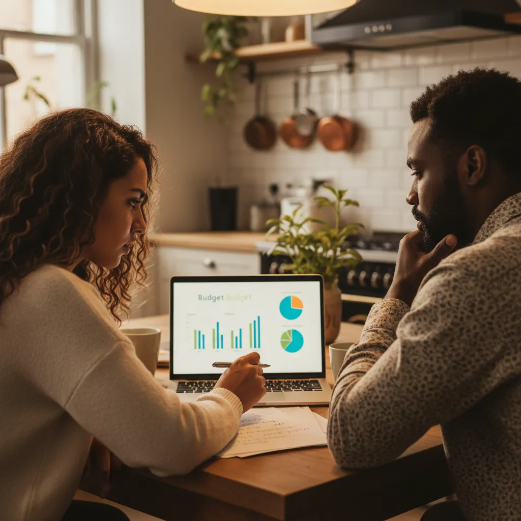 Couple reviewing financial compatibility questions and budget
