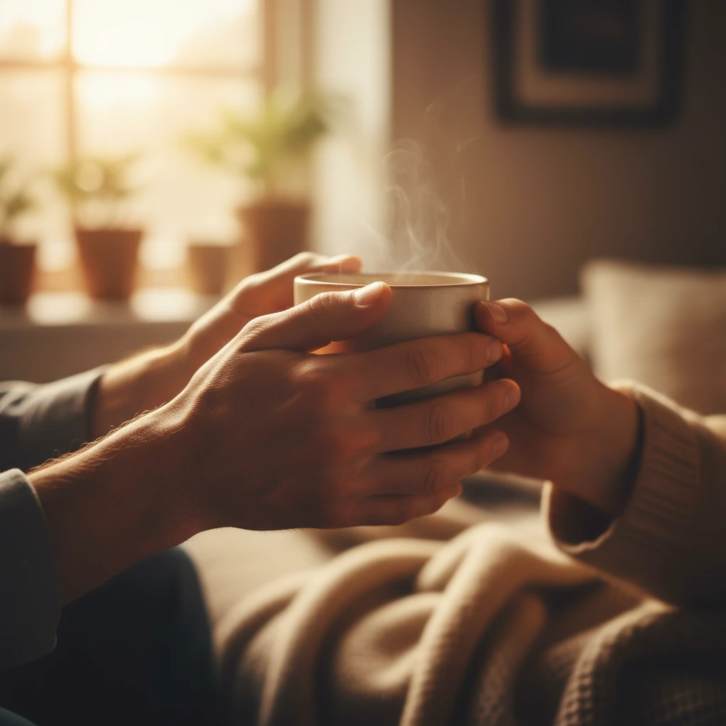Adult siblings reconciling over coffee