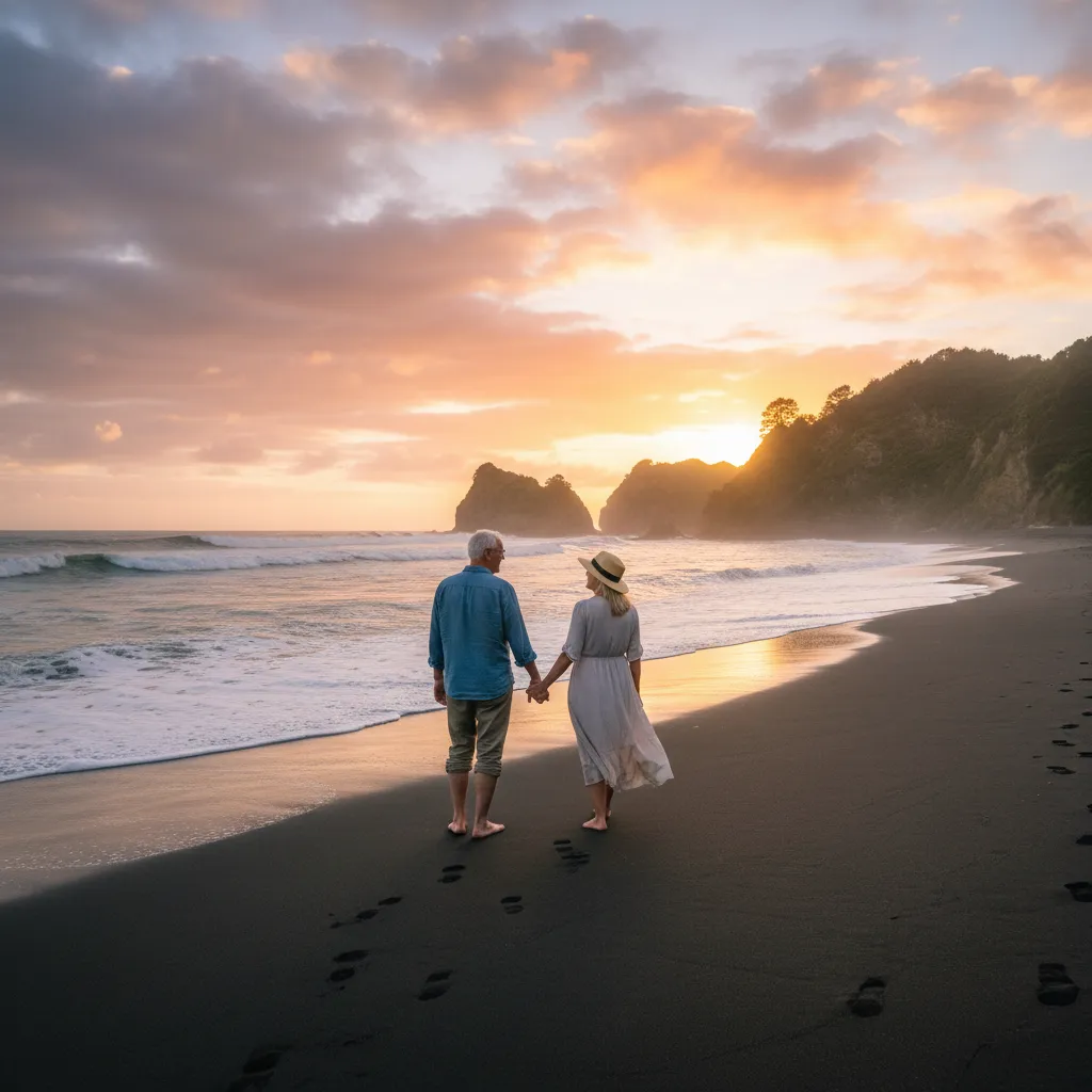 Senior couple walking on a beach at sunset