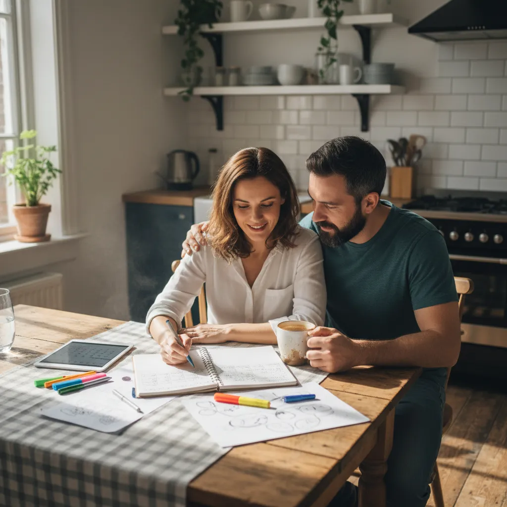 Parents discussing blended family finances and schedules