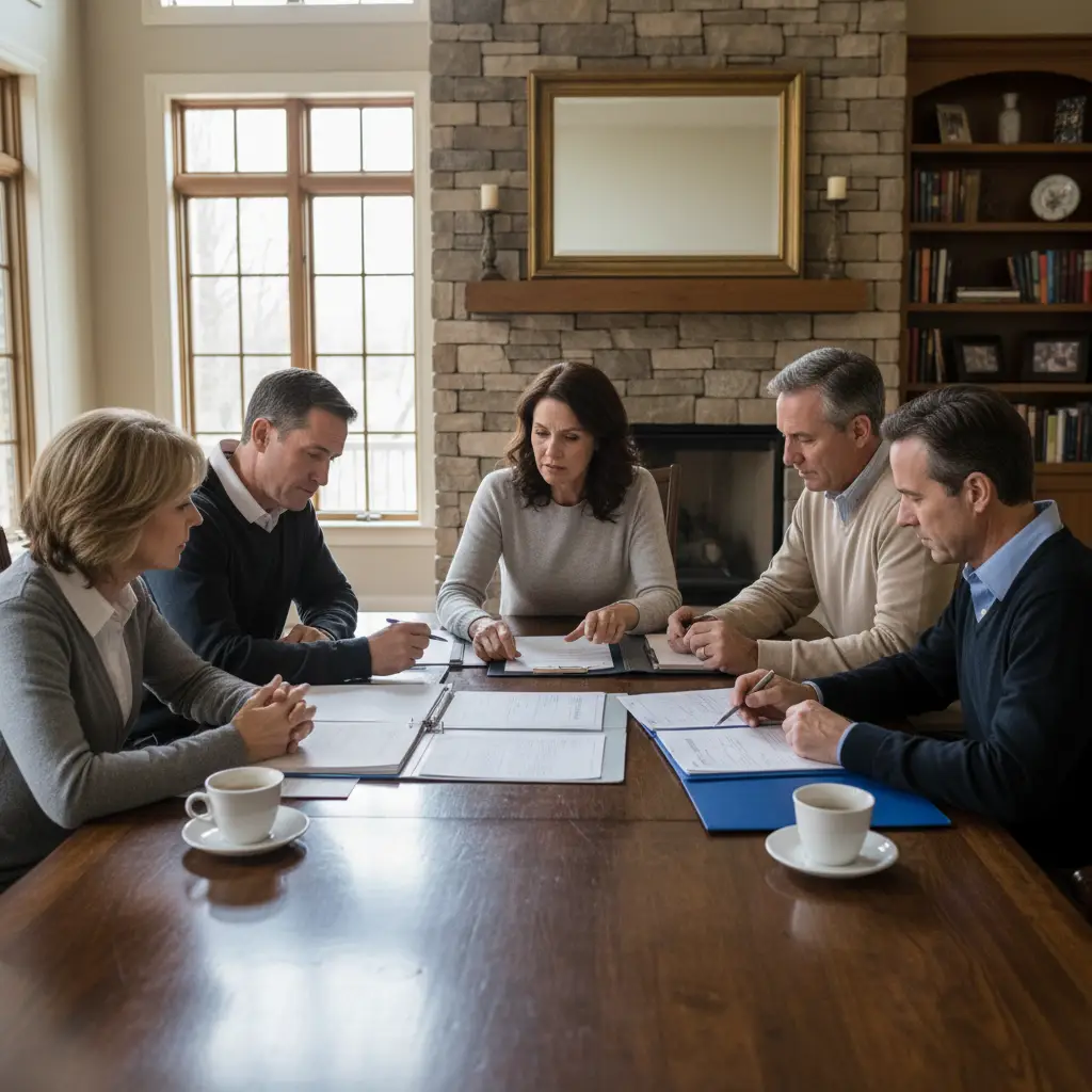 Siblings having a serious discussion about caring for aging parents