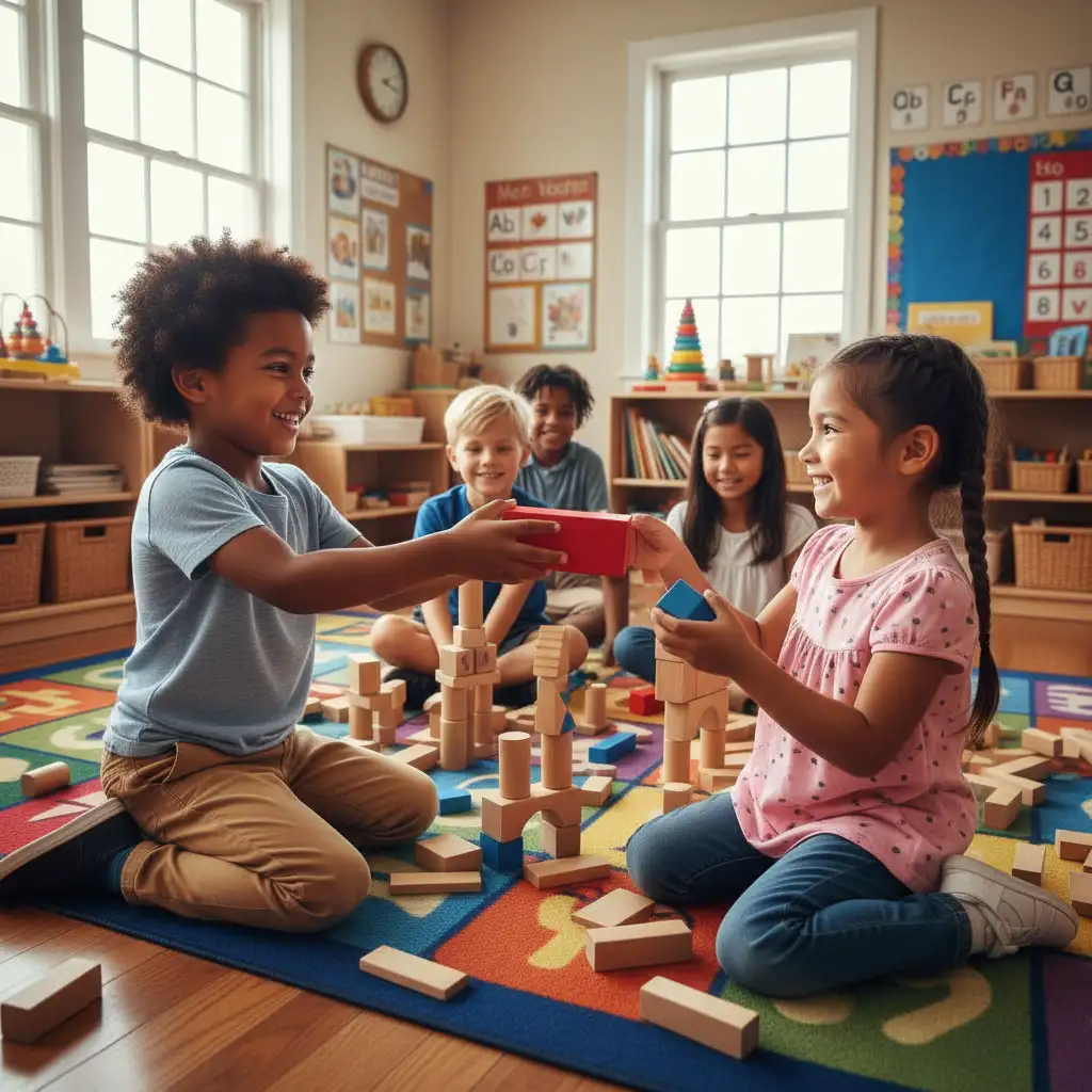 Children engaging in cooperative play and sharing toys