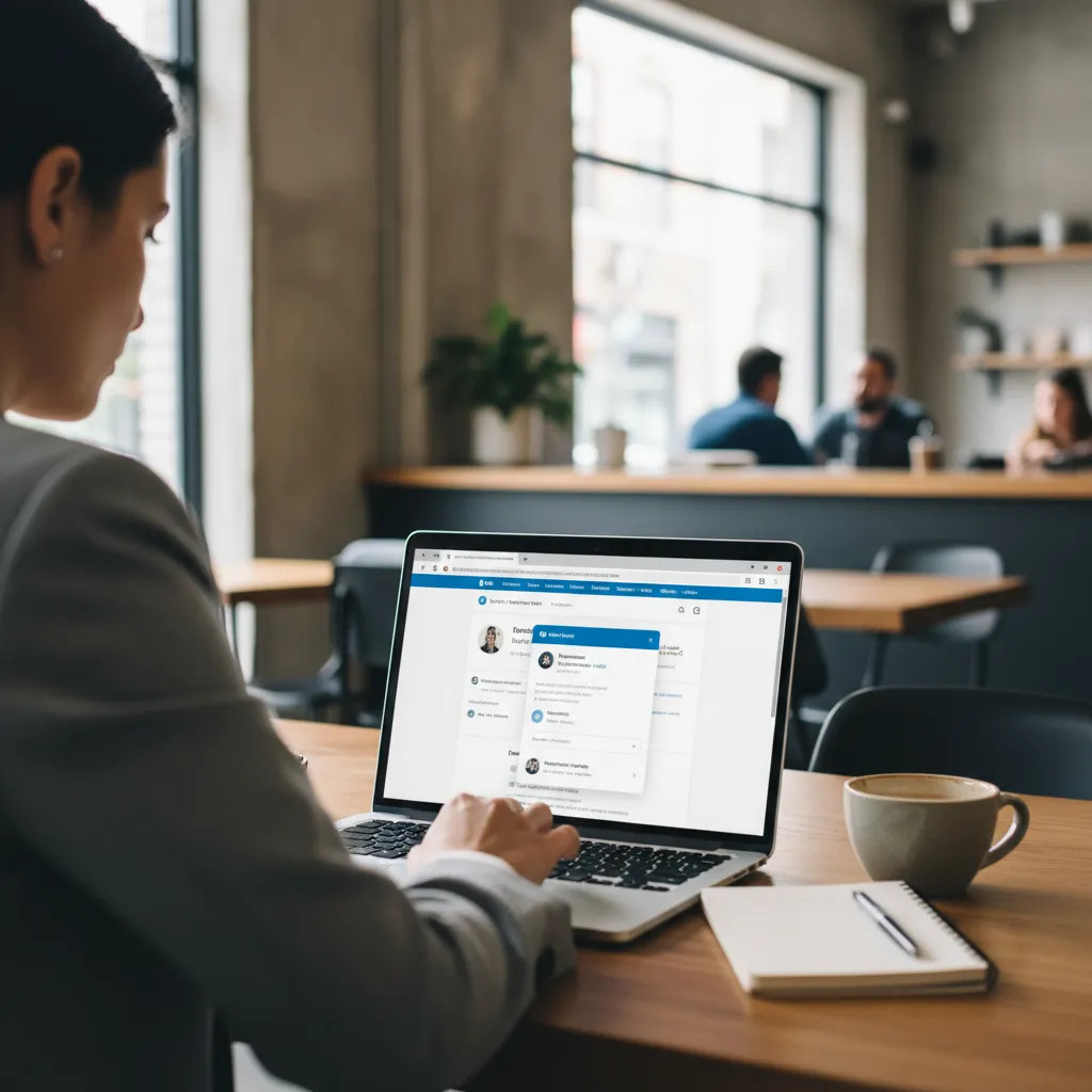 Professional engaging in digital networking on a laptop