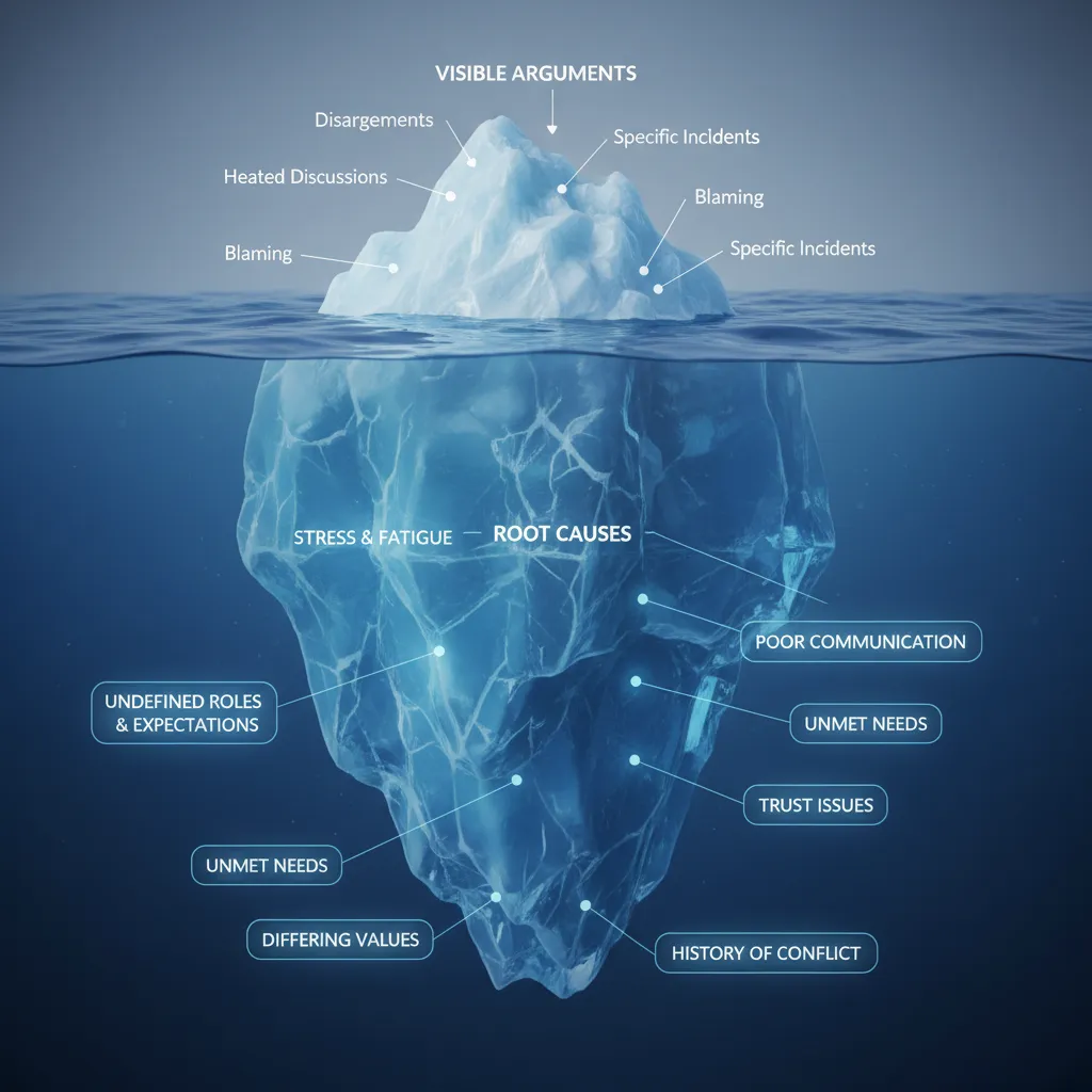 Iceberg theory of workplace conflict illustration