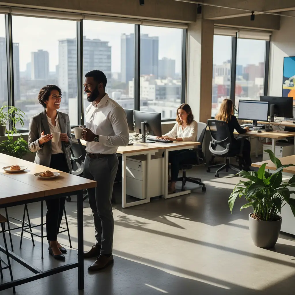 Two colleagues maintaining a professional yet friendly interaction during a break
