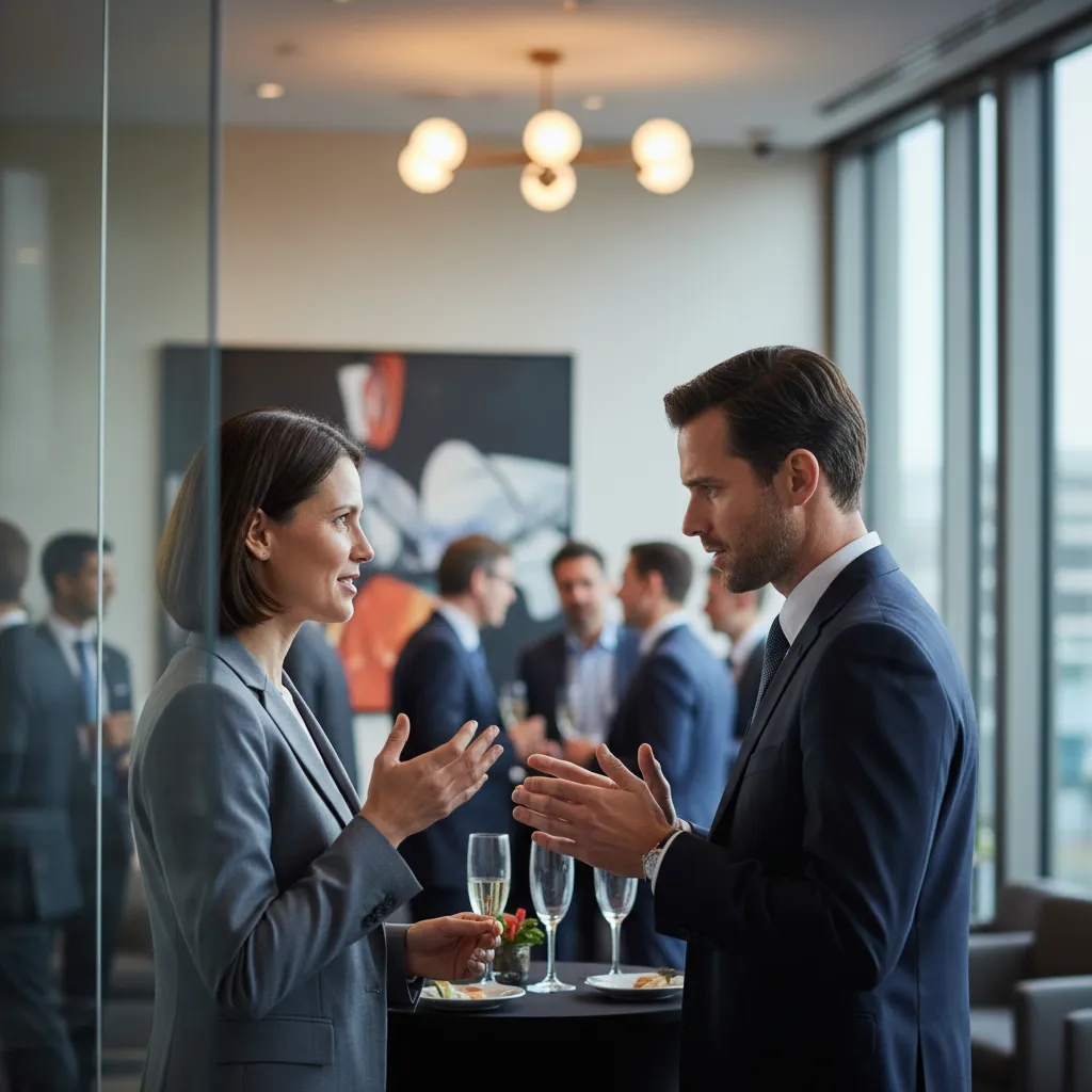 Two professionals engaging in deep conversation at a networking event