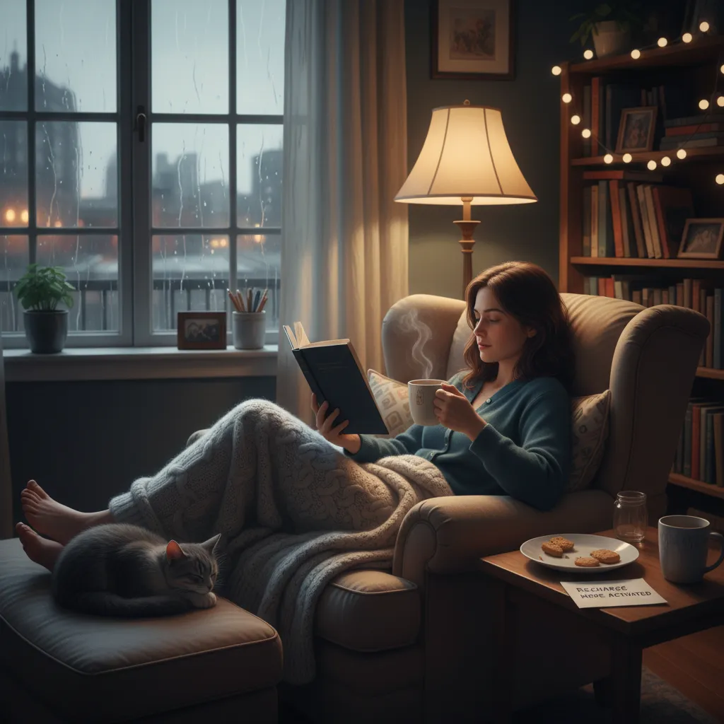 Introvert recharging energy with a book and tea