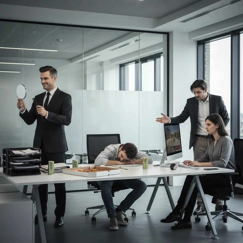 Illustration of workplace archetypes: the narcissist, the slacker, and the credit stealer