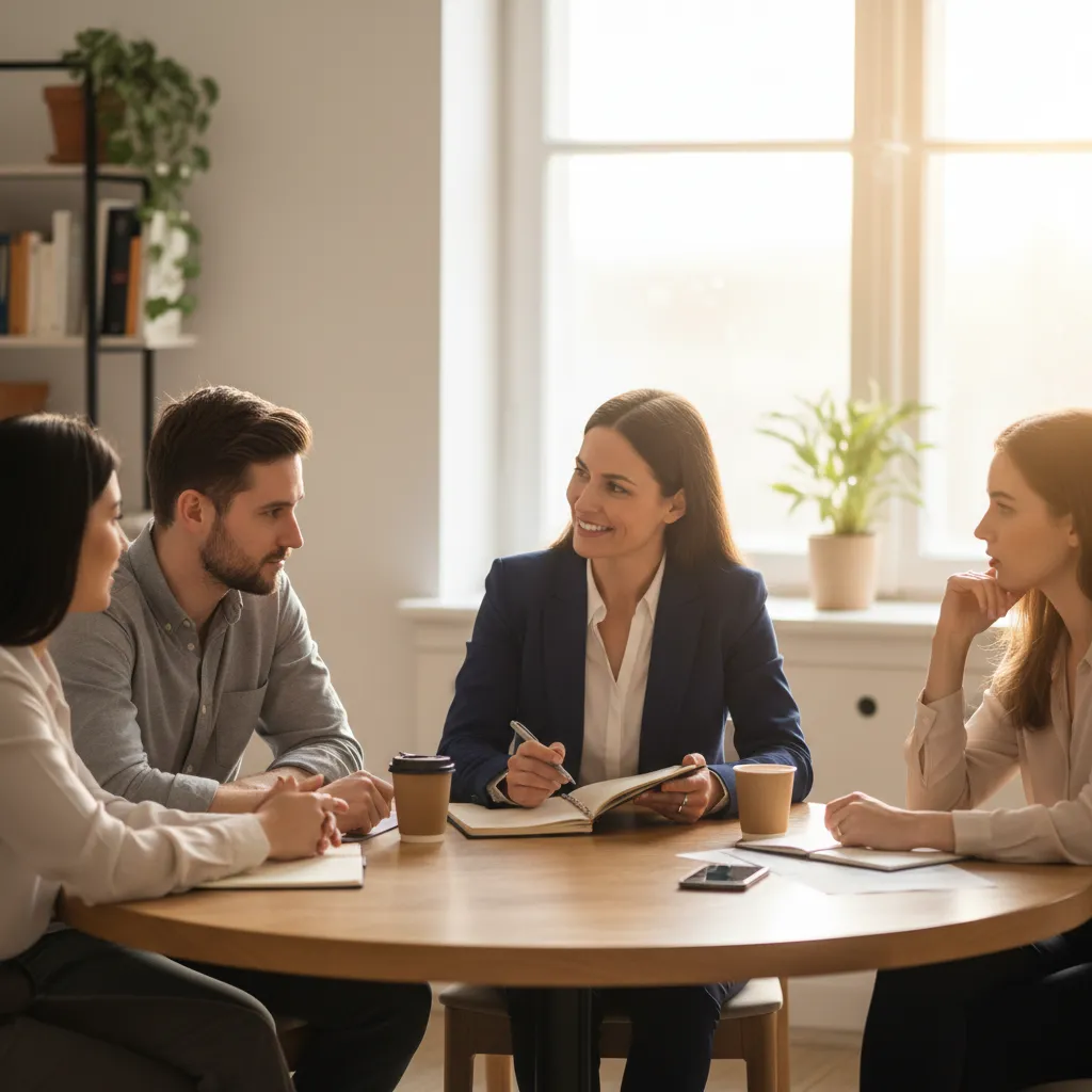 Manager practicing servant leadership with team