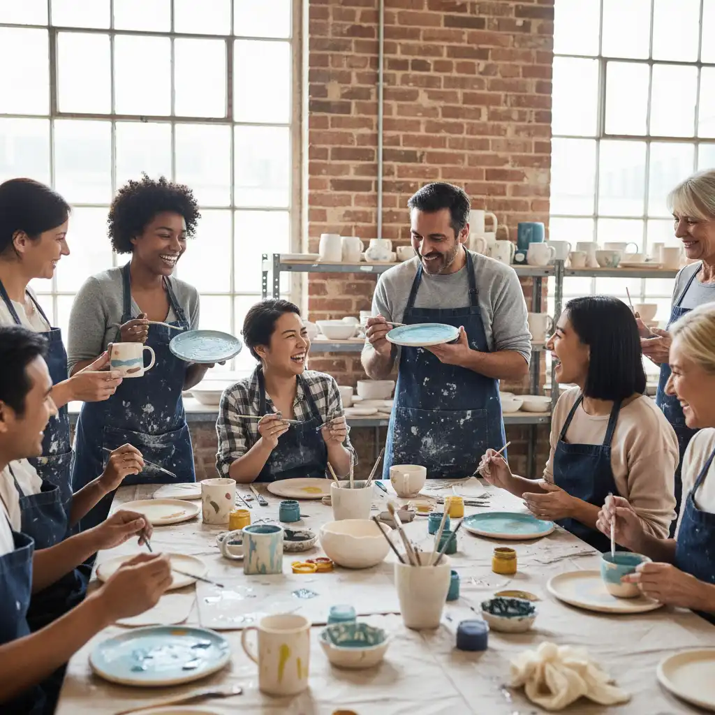 Adults engaging in a social pottery workshop