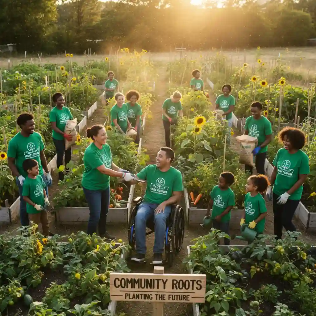 Volunteers working together in a community garden