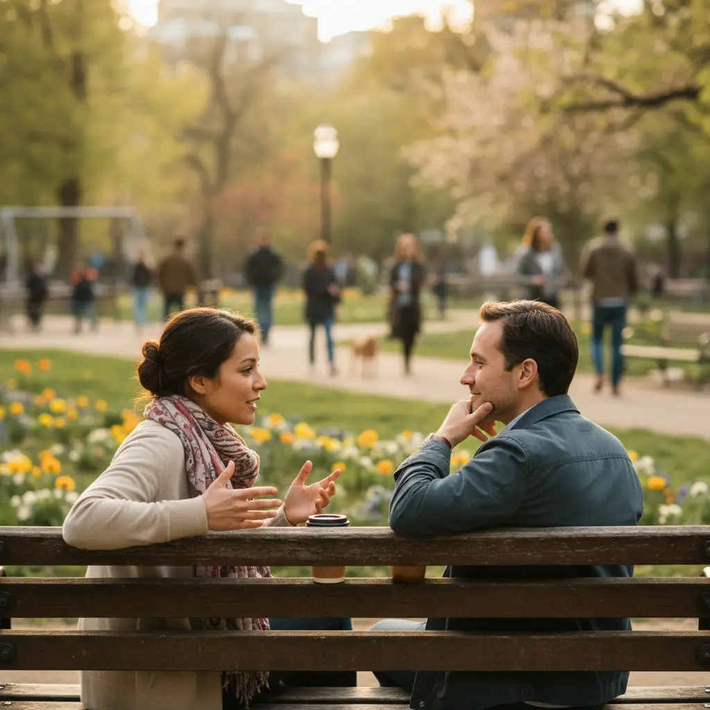 Two friends having a meaningful conversation on a park bench
