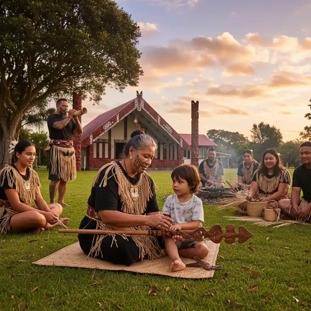 Kaumātua sharing knowledge with mokopuna on a marae