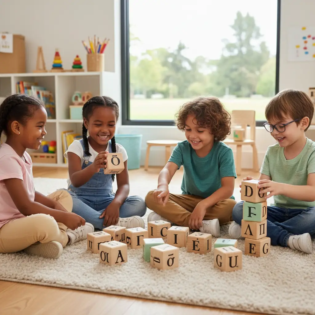 Children playing with multi-language alphabet blocks
