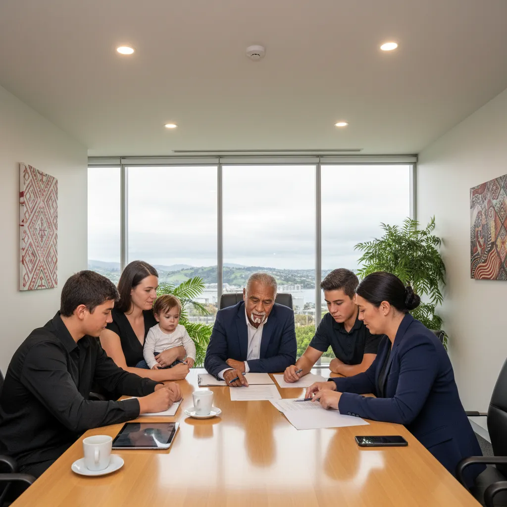 Family discussing legal guardianship documents with a lawyer