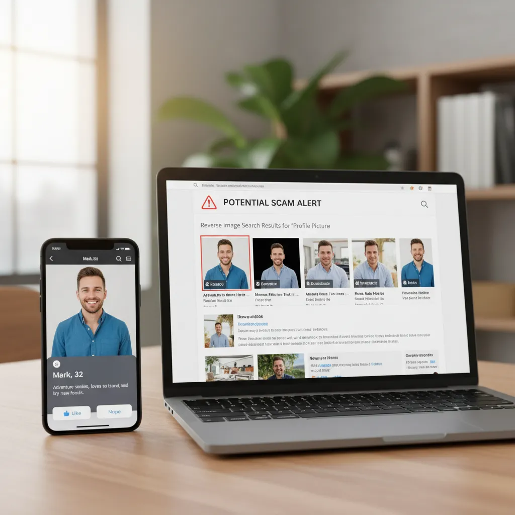 Performing a reverse image search to verify a dating profile identity