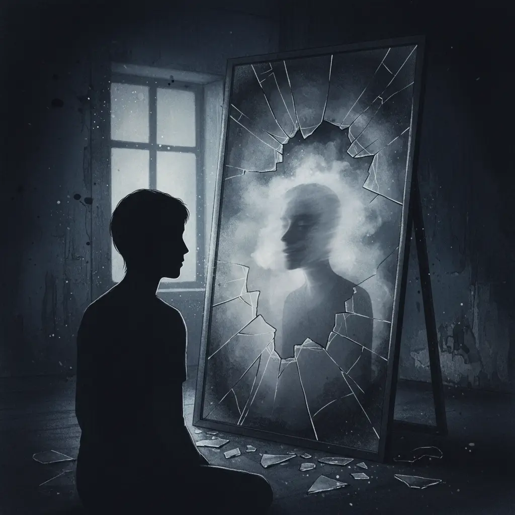 Illustration of a person looking into a cracked mirror representing self-doubt caused by gaslighting