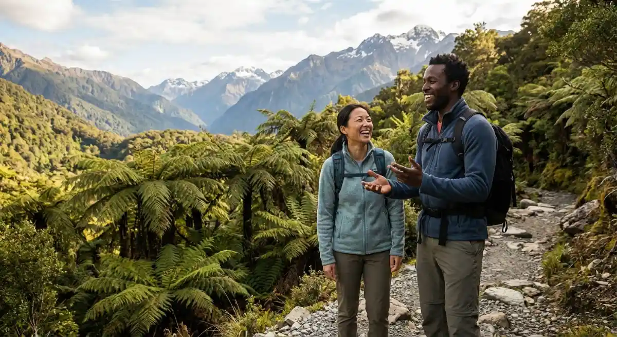 Couple hiking on a scenic New Zealand trail during a date